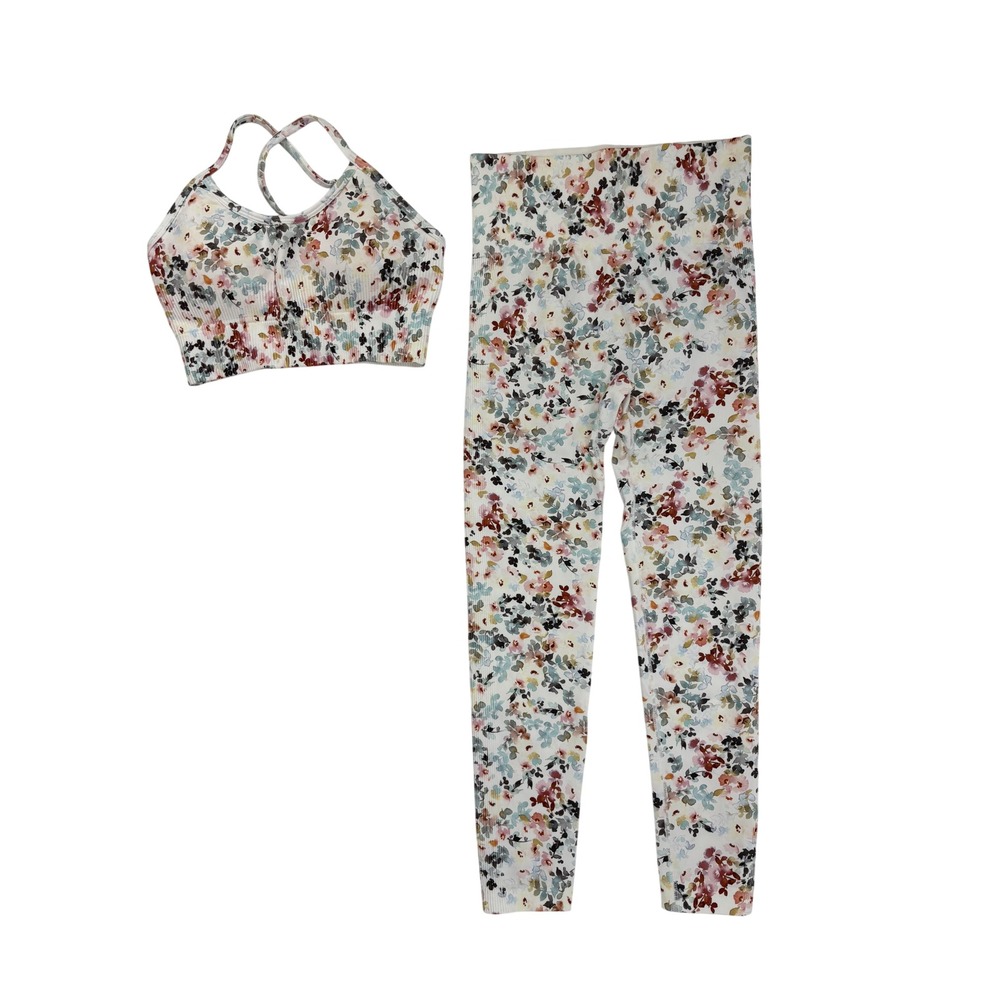 Floral Ribbed Activewear Set Sports Bra and High Waisted Leggings Small Multi